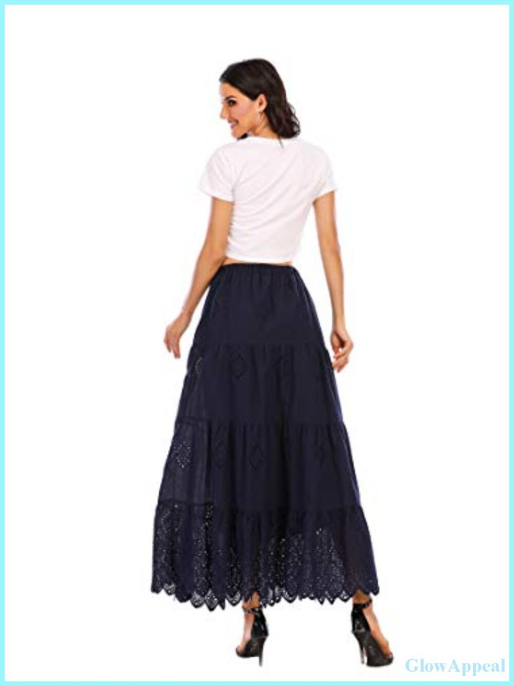 Women's Boho Cotton Embroidered Tiered Maxi Skirt Elastic High Waist A-Line - Picture 4 of 6